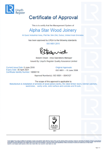<b>Policy Name:</b> ISO 9001: 2015<br/><b>Description:</b> Alpha Star is committed to be the preferred joinery & interior contractor by achieving high quality workmanship through meeting the requirements of the contract specifications and methodology of work.