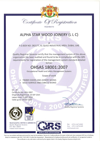 <b>Policy Name:</b> ISO 18001:2007 Certificate<br/><b>Description:</b> Quality Registrar system certify that the management system of the above organization has been audited and found to be in compliance with the QRS requirements for registration of the management system standard.
Environmental Management System (ISO 18001-2007)