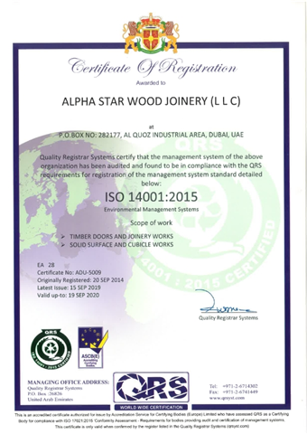 <b>Policy Name:</b> ISO 14001:2015 Certificate<br/><b>Description:</b> Quality Registrar system certify that the management system of the above organization has been audited and found to be in compliance with the QRS requirements for registration of the management system standard.
Environmental Management System (ISO 14001-2015)