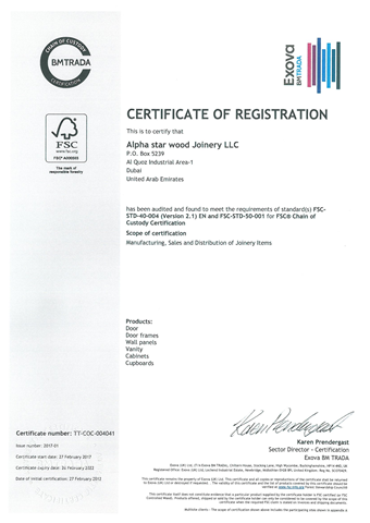 <b>Policy Name:</b> FSC Certificate<br/><b>Description:</b> BM TRADA certify that the FSC Chain of Custody system of Alpha Star Wood Joinery LLC